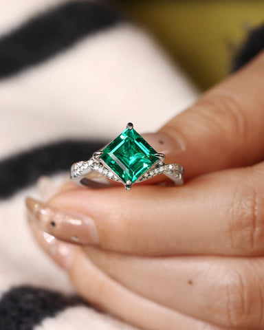 PAVIA Princess Cut Lab Emerald Wedding Ring Infinity Design Pave Promise Ring