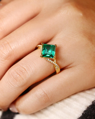 PAVIA Princess Cut Lab Emerald Wedding Ring Infinity Design Pave Promise Ring