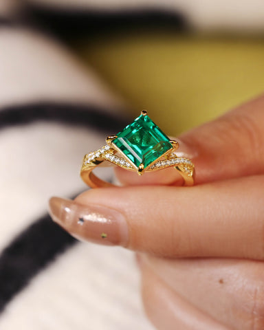 PAVIA Princess Cut Lab Emerald Wedding Ring Infinity Design Pave Promise Ring