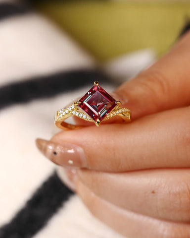 VESPER Princess Cut Alexandrite Engagement Ring Pave Crossover Shank