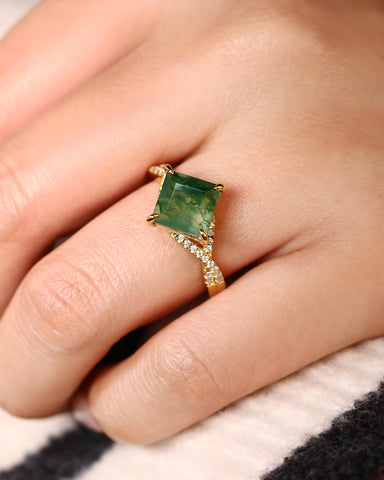 INFIORA Princess Cut Moss Agate Crossover Shank Engagement Ring