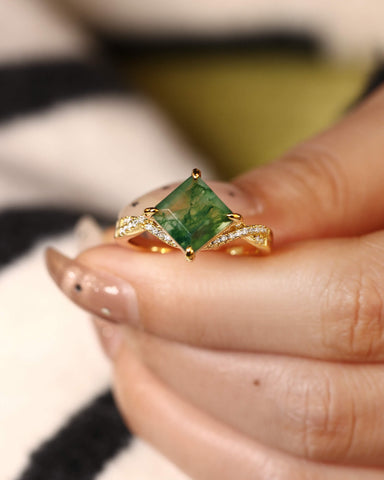 INFIORA Princess Cut Moss Agate Crossover Shank Engagement Ring