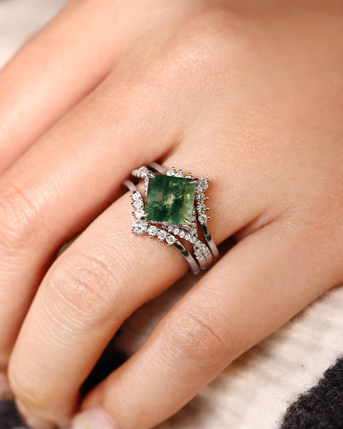MIRETH Nature Inspired Square Shaped Moss Agate Bridal Ring Set