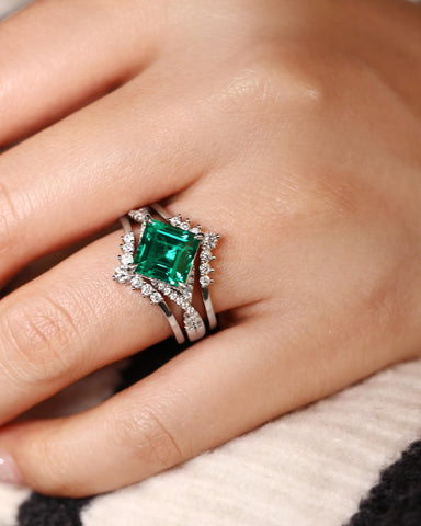 TEVERIA Square Shaped Lab Emerald Engagement Ring Unique Bridal Wedding Set