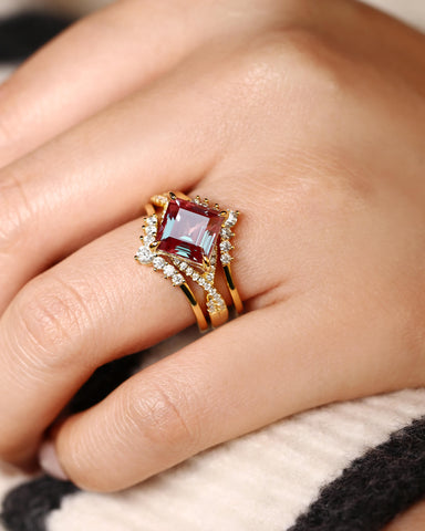 ALTHESSA Wedding Ring Set Square Shaped Alexandrite Engagement Ring Set-3pcs