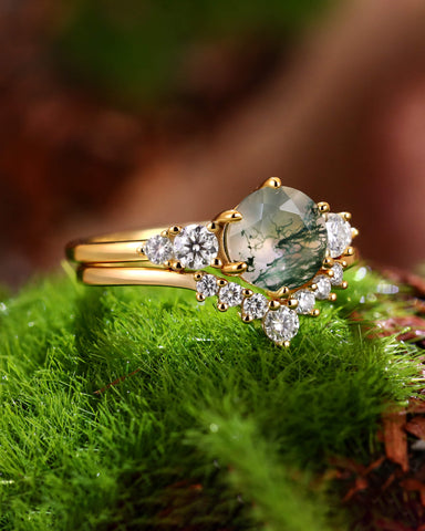 SYLVARIS Round Shaped Moss Agate Engagement Ring Set