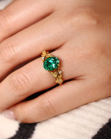 OLIVE Oval Cut Emerald Branch Inspired Leafy Engagement Ring