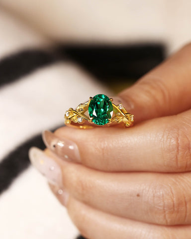 OLIVE Oval Cut Emerald Branch Inspired Leafy Engagement Ring
