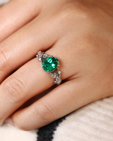 OLIVE Oval Cut Emerald Branch Inspired Leafy Engagement Ring