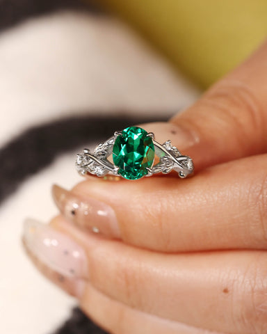 OLIVE Oval Cut Emerald Branch Inspired Leafy Engagement Ring