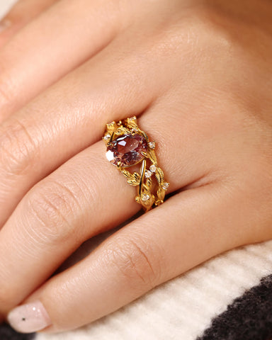 LILIANA Oval Shaped Alexandrite Bridal Ring Set Nature Inspired Leaf Ring Set