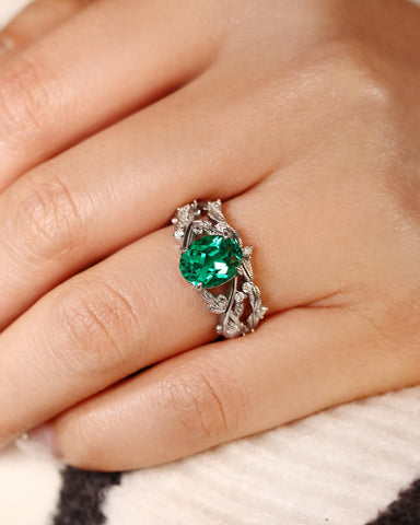 RISERL Oval Cut Emerald Bridal Ring Set Nature Inspired Leaf Wedding Ring Set