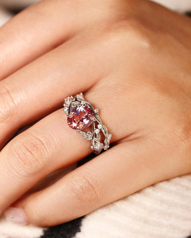 LILIANA Oval Shaped Alexandrite Bridal Ring Set Nature Inspired Leaf Ring Set