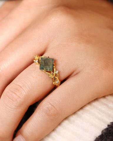 ASPEN Princess Cut Moss Agate Nature Inspired Engagement Ring