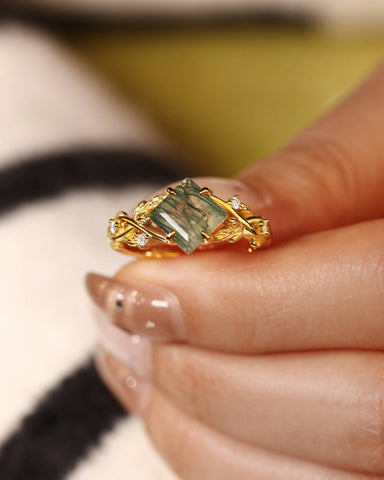 ASPEN Princess Cut Moss Agate Nature Inspired Engagement Ring