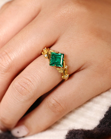 AZURA Princess Cut Emerald Leafwave Shank Engagement Ring