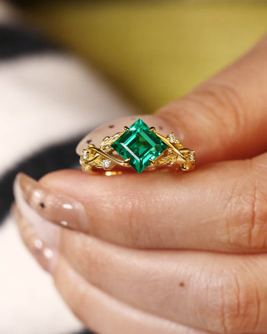 AZURA Princess Cut Emerald Leafwave Shank Engagement Ring