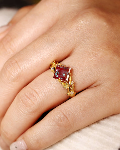 GAIA Princess Cut Alexandrite Crossed Leaves Engagement Ring