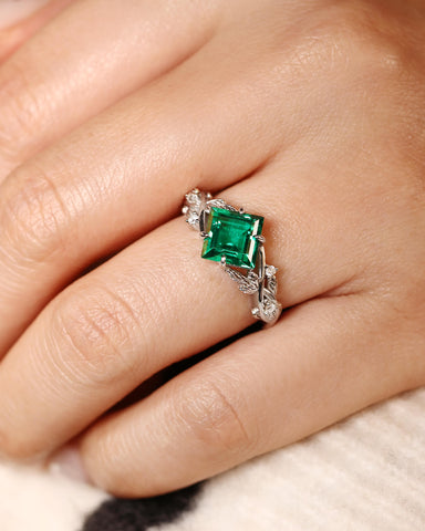 AZURA Princess Cut Emerald Leafwave Shank Engagement Ring
