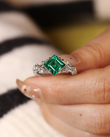 AZURA Princess Cut Emerald Leafwave Shank Engagement Ring