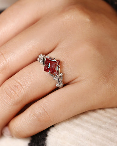 GAIA Princess Cut Alexandrite Crossed Leaves Engagement Ring