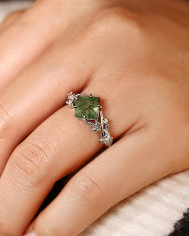 ASPEN Princess Cut Moss Agate Nature Inspired Engagement Ring
