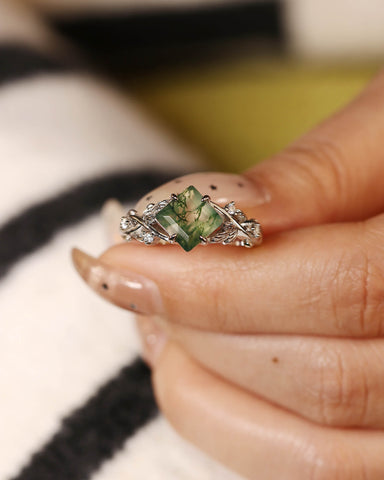 ASPEN Princess Cut Moss Agate Nature Inspired Engagement Ring