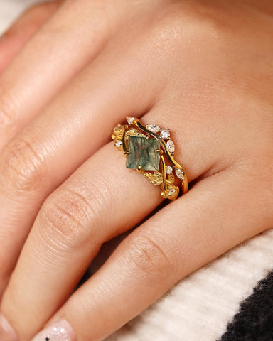 LEKAS Princess Cut Moss Agate Engagement Ring Set Nature Vibe Bridal Set