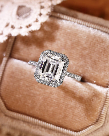 VIRELAI Double Claw Halo Emerald Cut Moissanite Pave Engagement Ring