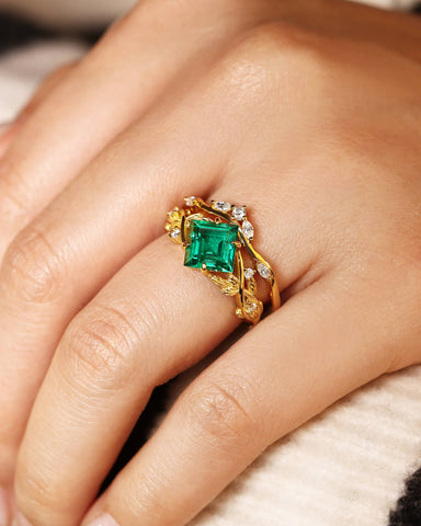 BELLE Princess Cut Emerald Engagement Ring Set Nature Inspired Leaf Ring Set