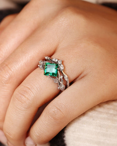 BELLE Princess Cut Emerald Engagement Ring Set Nature Inspired Leaf Ring Set