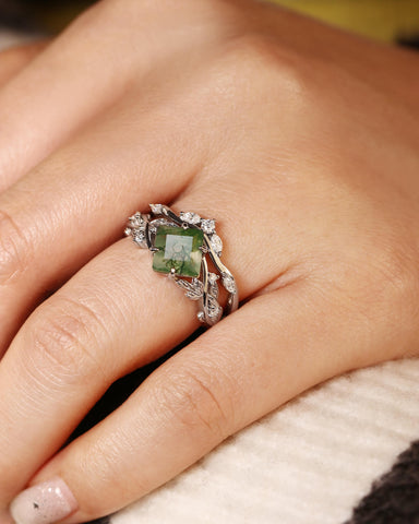LEKAS Princess Cut Moss Agate Engagement Ring Set Nature Vibe Bridal Set