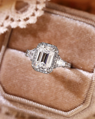 LUCIENNEE Emerald Cut Halo Moissanite Vintage Engagement Ring