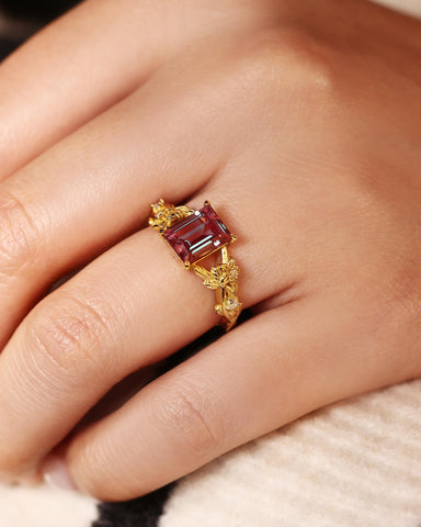 THALIA Emerald Cut Lab Alexandrite Leafy Engagement Ring