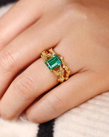 AVELINE Nature Inspired Emerald Cut Emerald Leafy Fairy Ring Set