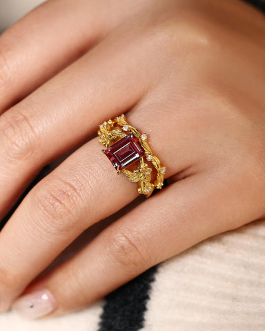 CLEMENTINE Emerald Cut Alexandrite Bridal Ring Set Nature Inspired Leafy Ring Set
