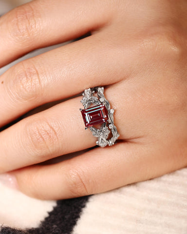 CLEMENTINE Emerald Cut Alexandrite Bridal Ring Set Nature Inspired Leafy Ring Set