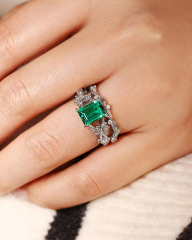 AVELINE Nature Inspired Emerald Cut Emerald Leafy Fairy Ring Set