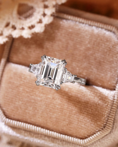 LEONIE Vintage Emerald Cut Moissanite Three Stone Engagement Ring