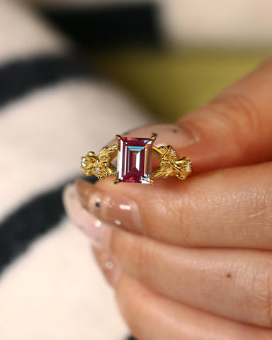 THALIA Emerald Cut Lab Alexandrite Leafy Engagement Ring