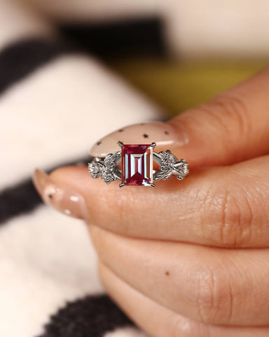 THALIA Emerald Cut Lab Alexandrite Leafy Engagement Ring