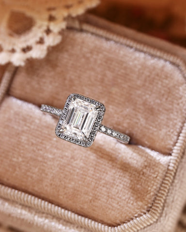 SANA Classic Halo Emerald Cut Moissanite Pave Engagement Ring