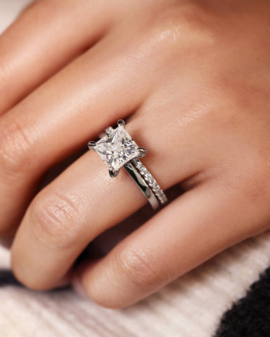 LENI Simple Princess Cut Engagement Eternity Ring Set