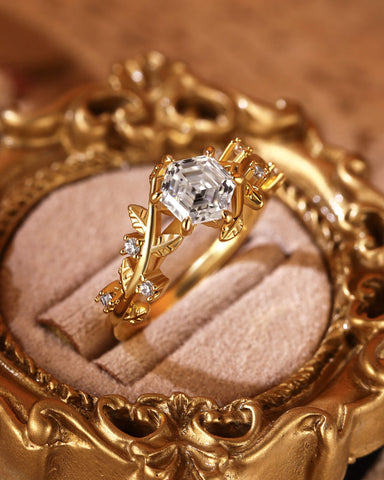 HERMINE Hexagon Cut Moissanite Bypass Leafy Engagement Ring