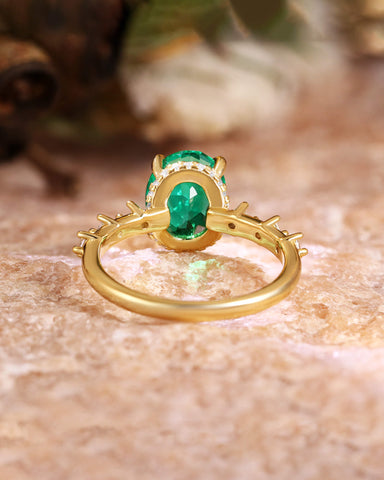 JADE Moissanite Accented Oval Cut Emerald Engagement Ring