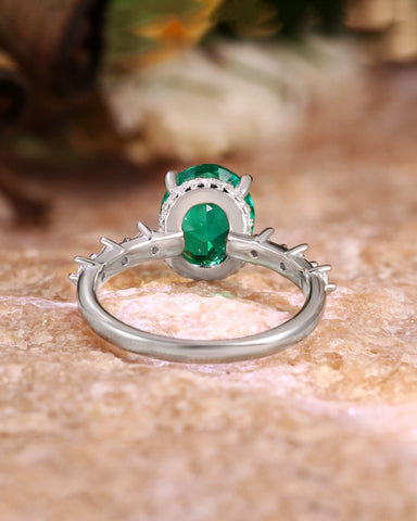 JADE Moissanite Accented Oval Cut Emerald Engagement Ring