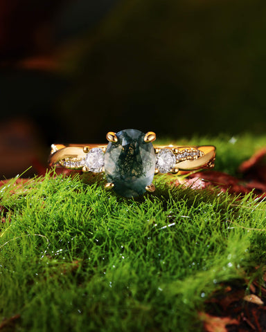 CALLUNA Three Stone Twisted Oval Cut Moss Agate Engagement Ring