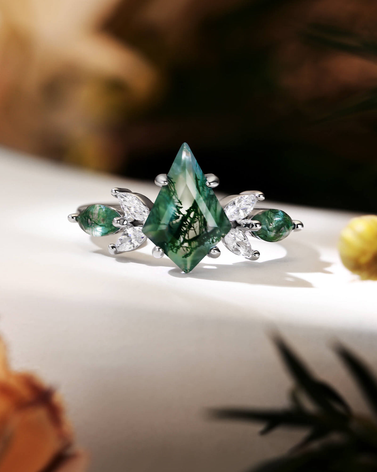 REBECCA Kite Cut Moss Agate Mixed Marquise Moissanite Cluster Engagement Ring
