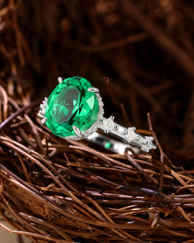 JADE Moissanite Accented Oval Cut Emerald Engagement Ring