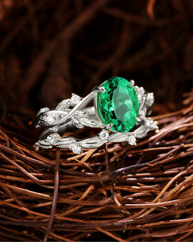 SUSAN Oval Cut Emerald Bridal Ring Set Nature Inspired Leaf Wedding Ring Set